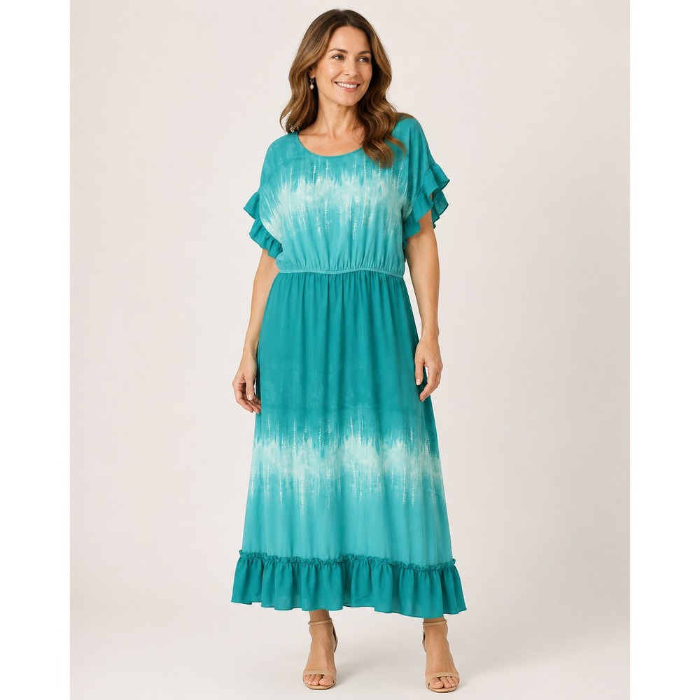 Cal Style Maxi Dress Tie Dye Ombre Women 2XL Teal Ruffle Sleeve Boho